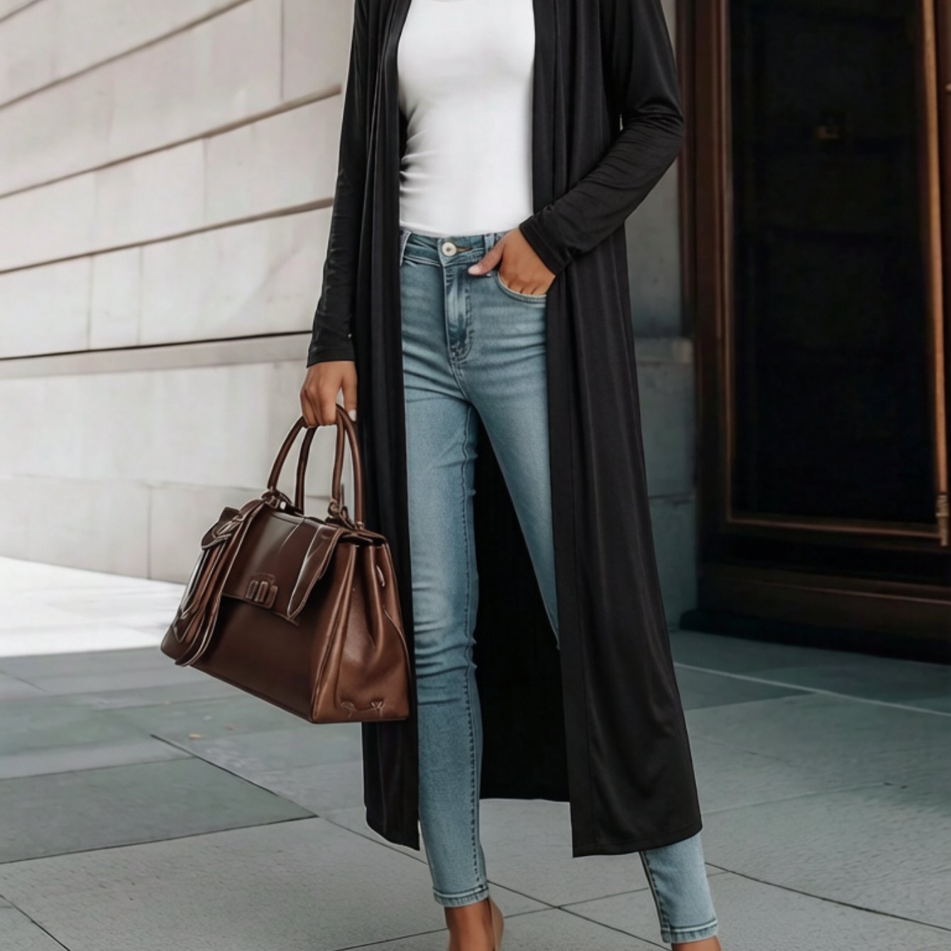 TEMU New Women's Long-sleeve Cardigan Outerwear, Casual Lightweight Long Open-front Trench Coat For Daily Wear