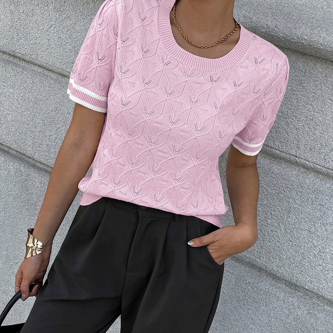 TEMU Summer New Women's Pullover Shirt, Regular Shoulder, Round Neck, Color Block, Short-sleeved Casual Women's Top, Hollowed-out Floral, Exquisite,