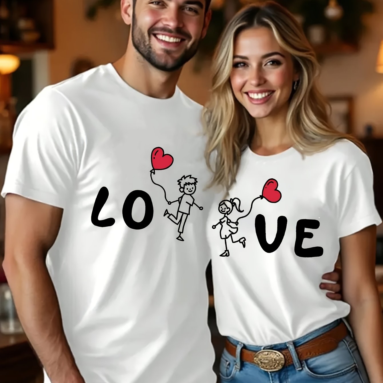 E-shop LOVE Herz Cartoon Charakter Muster Paar Valentinstag Rundhals Lässiges Kurzarm T-Shirt
