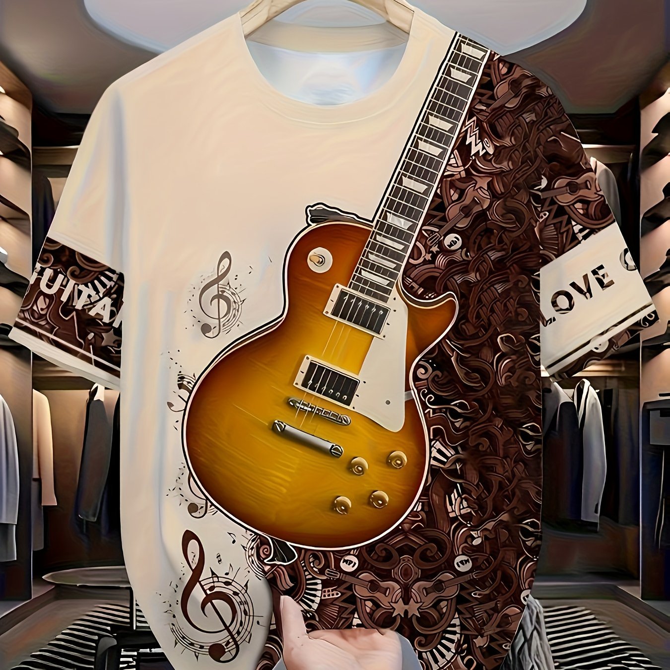 TEMU Men' Note & Guitar Print T-shirt - Soft Breathable Short Sleeve Tee Suitable For Musicians, Concerts & Casual Wear - Machine Washable