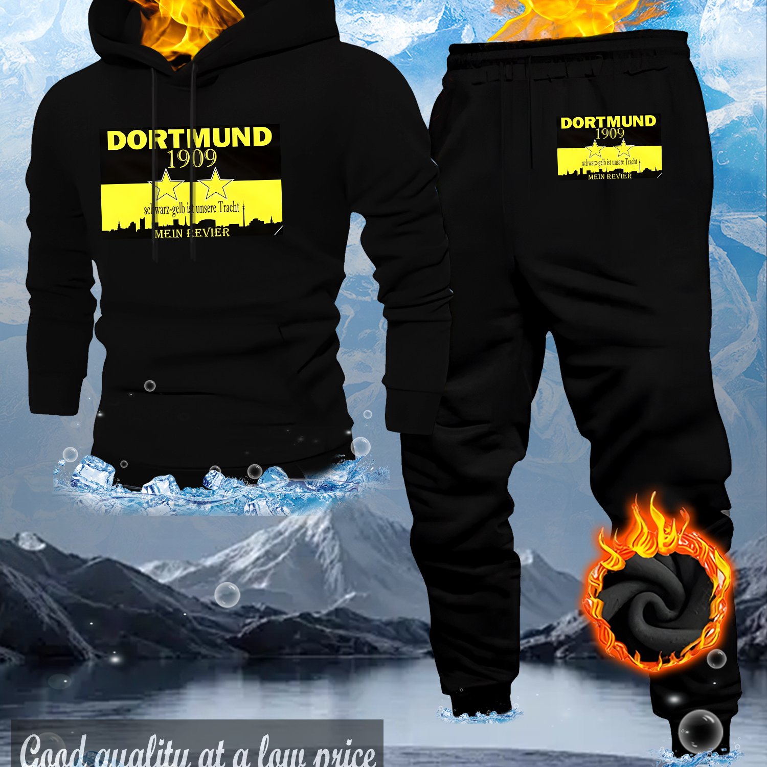 E-shop Hassna's locker sitzendes Fleece-Freizeitset, 100% Material, inklusive Kapuzenpullover mit Print und Hose, geeignet für und Outdoor-Aktivitäten