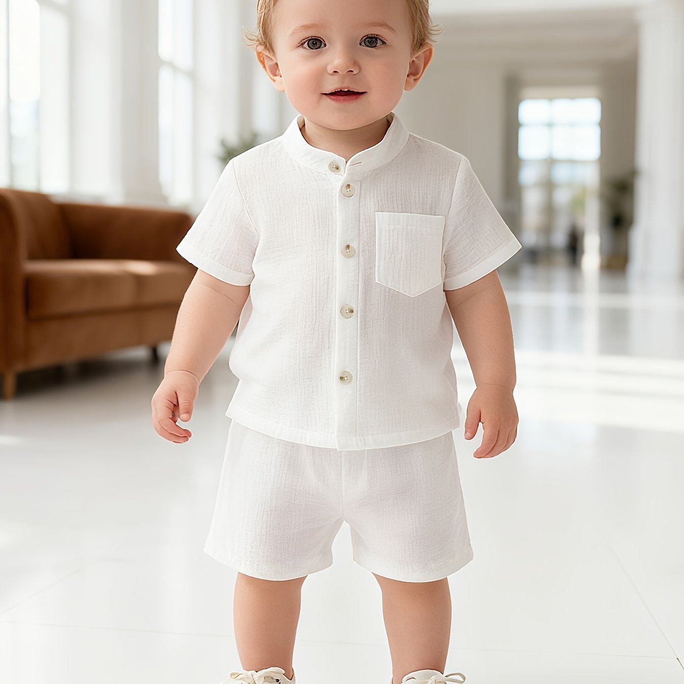 Boys' Short Sleeve Shirt And Shorts Set | Solid Color Stand Collar Design, For Daily , Birthday Parties, And Photo , For Outdoor