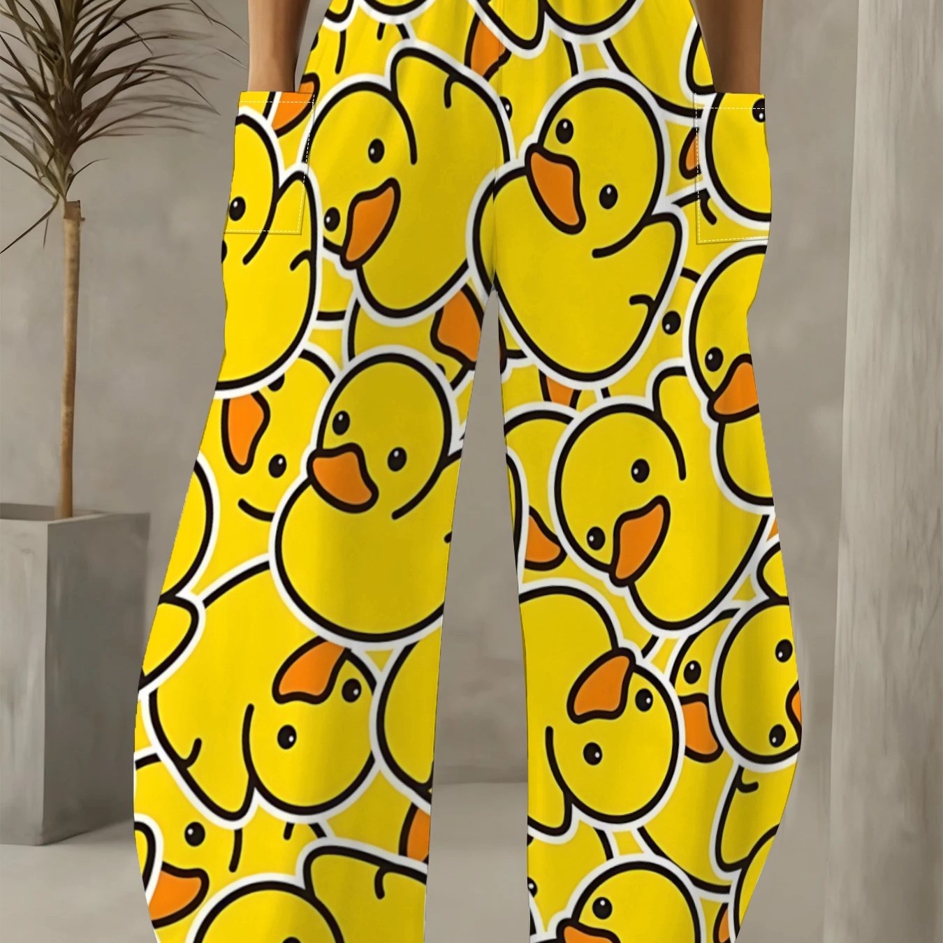 TEMU Rubber Duck Print Vacation Wide-leg Pants, Women's Casual Beach Style Trousers. Featuring A Base With A Vibrant Rubber Duck Pattern, A Relaxed,