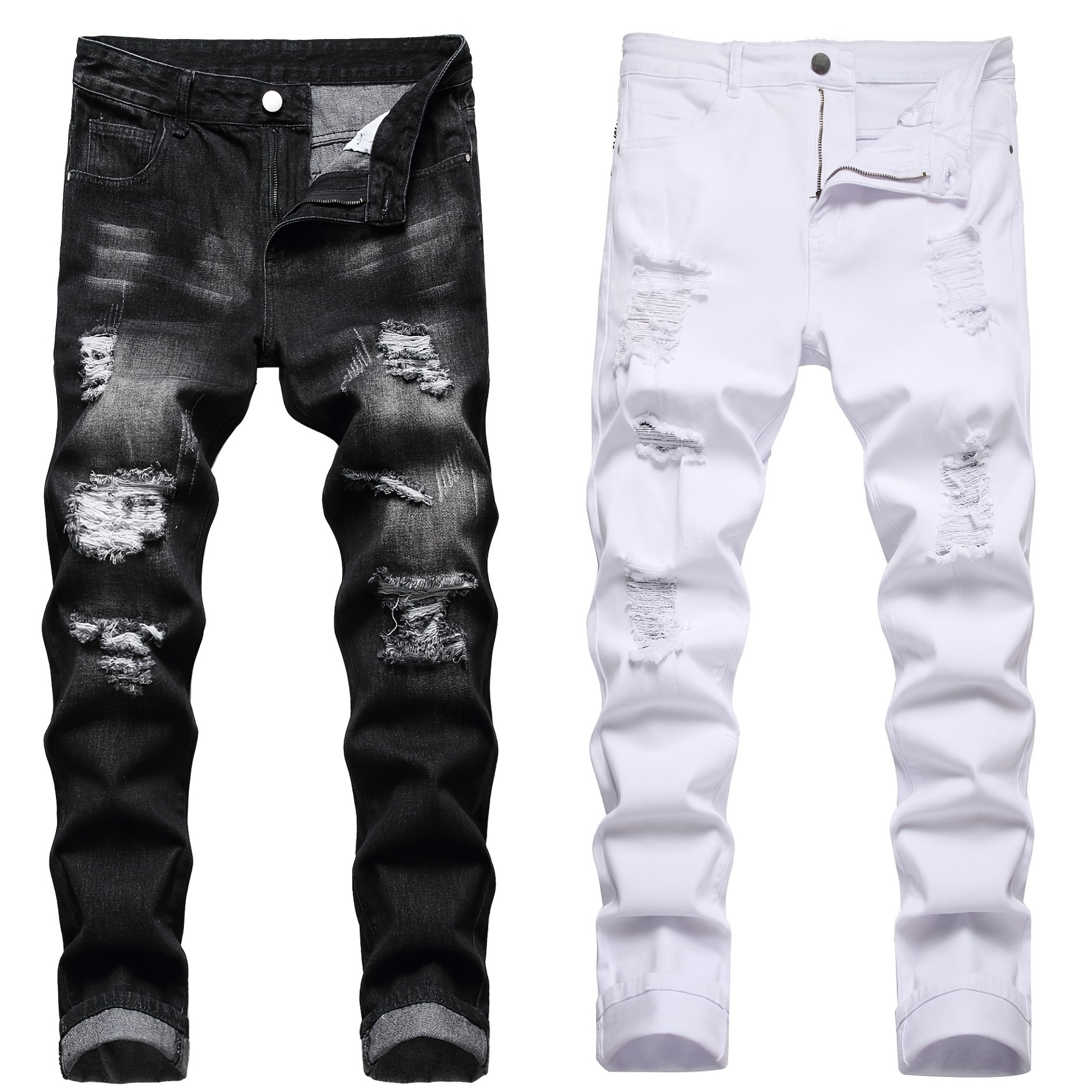 TEMU Two-pack Men's Ripped Jeans Stretch Ripped Jeans For Men Flex Slim Fit Jeans Designer Fashion Pants For Men
