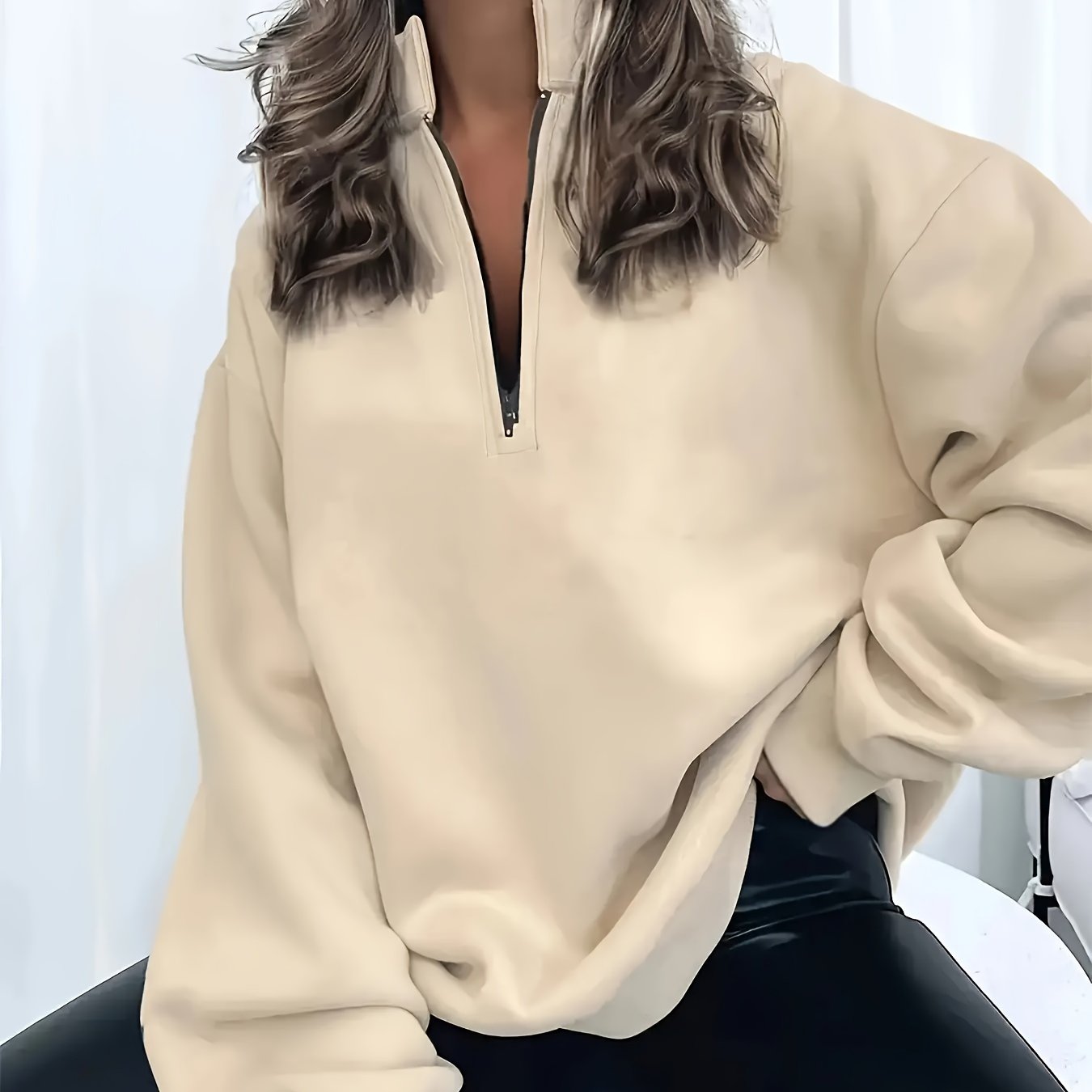 Women&#39;s Casual Zip-Up Hoodie - Long Sleeve, Solid Beige Color, Soft Polyester Pullover with Collar, Comfortable Casual Attire for All Seasons