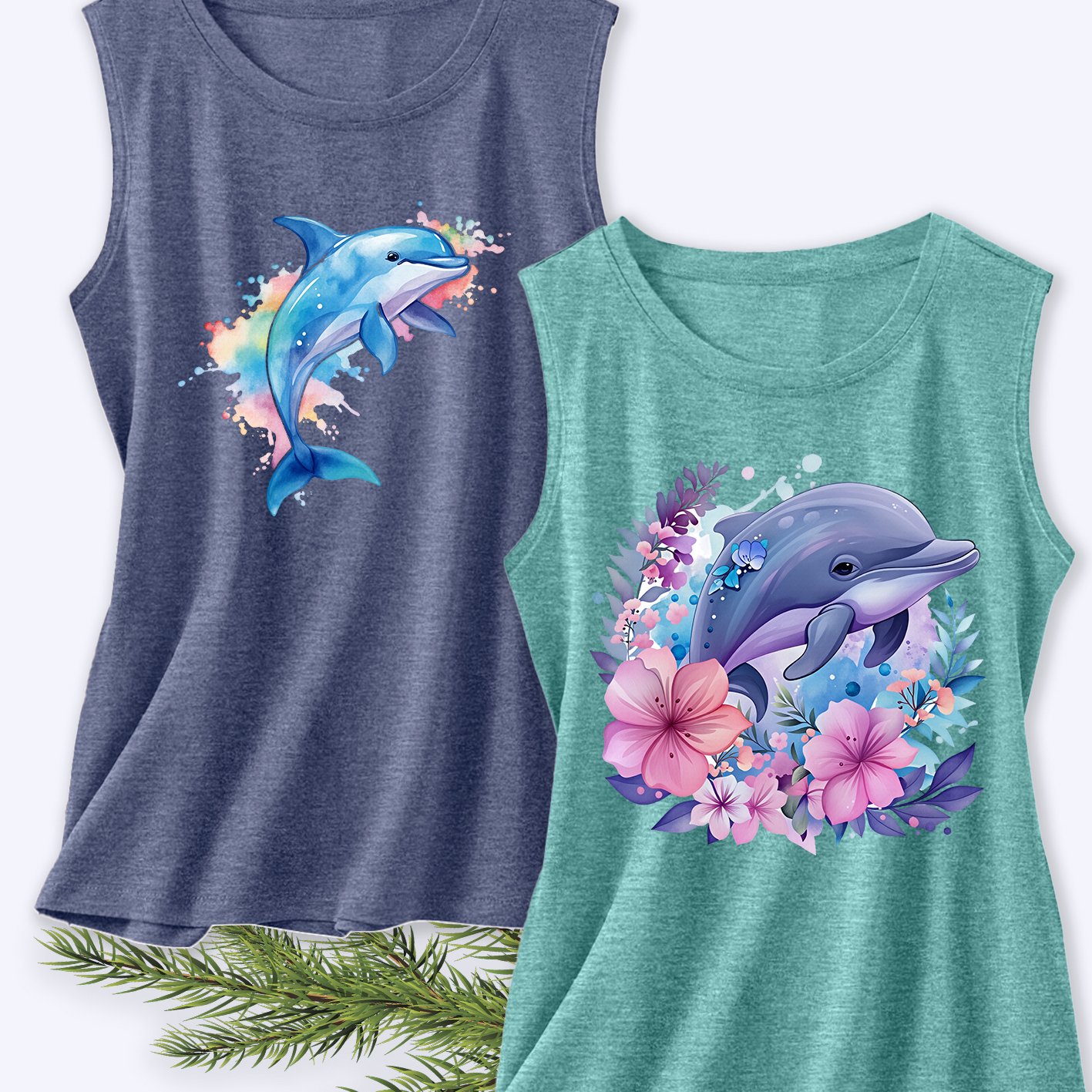 TEMU A Stylish Two-piece Set For Women Featuring An Elegant Tank Top With A Dolphin Print, Made From Soft And Stretchy Fabric. This Casual Round-neck