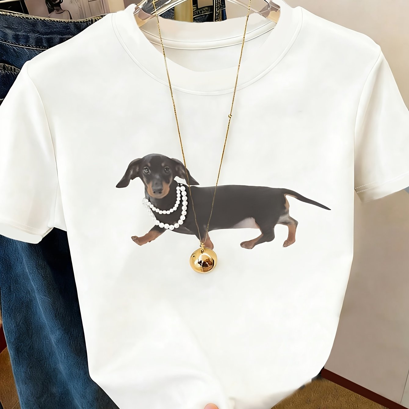 TEMU Cute Dachshund Print Summer Women's Casual Fashion Round Neck T-shirt With Pearl Neck