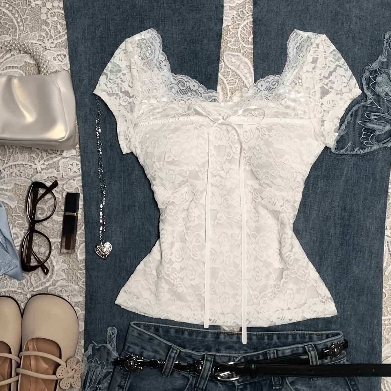 TEMU New Arrivals: A Delicate And Romantic Lace Corset Top With A Heart-shaped Neckline And Cinched Waist To . With Dark Denim Wide-leg Pants, It