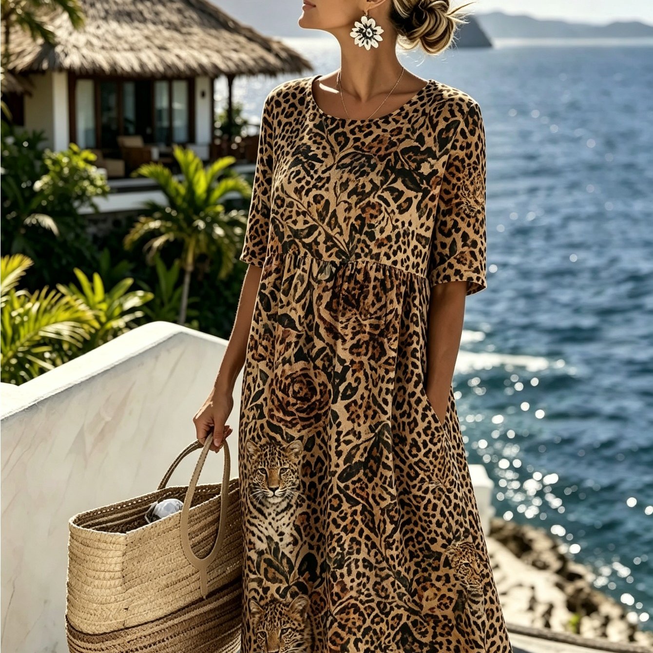 Women's Geometric Print Midi Dress - Round Neck Half Sleeve With Pockets, Casual Loose Fit Summer Dress For Vacation Beach Daily Wear