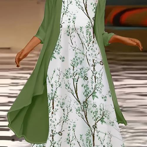 casual outfits two piece set womens plus solid long sleeve cover up floral print tank dress outfits 2pcs set