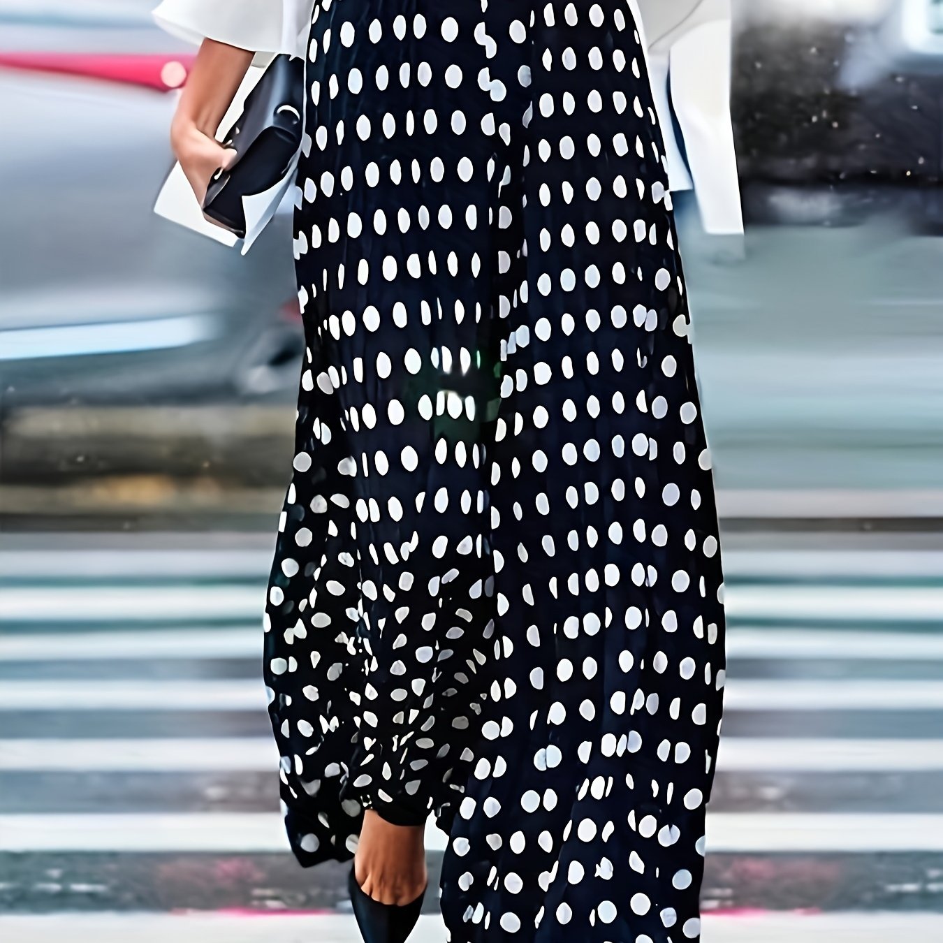 Plus Size, Elegant And Fashionable Long Pants With A Regular Fit And Polka Dot Pattern