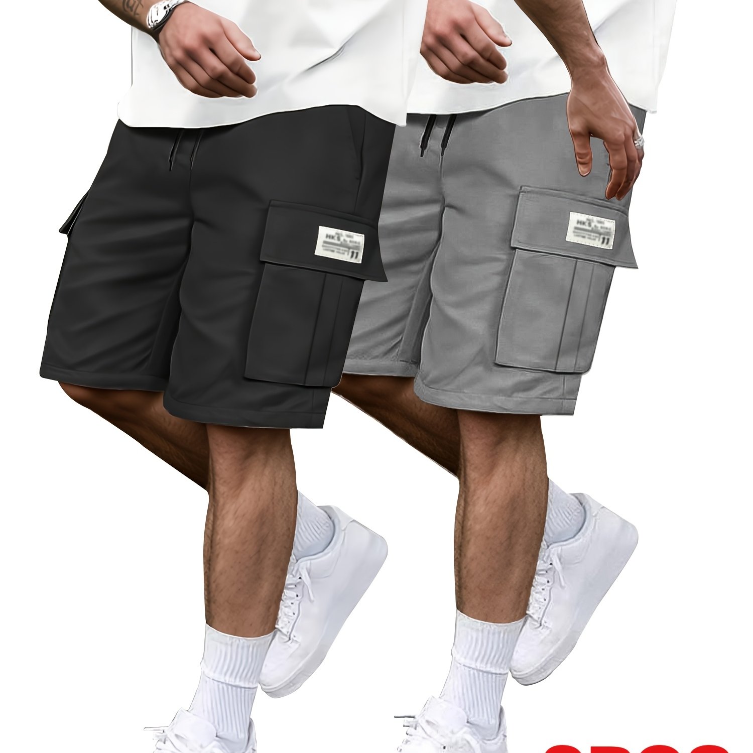 TEMU Men's Casual Cargo Shorts 2pcs - Adjustable Drawstring Mid-rise Elastic Waistband, Multi-functional Practical Pockets, Loose Fit With Durable