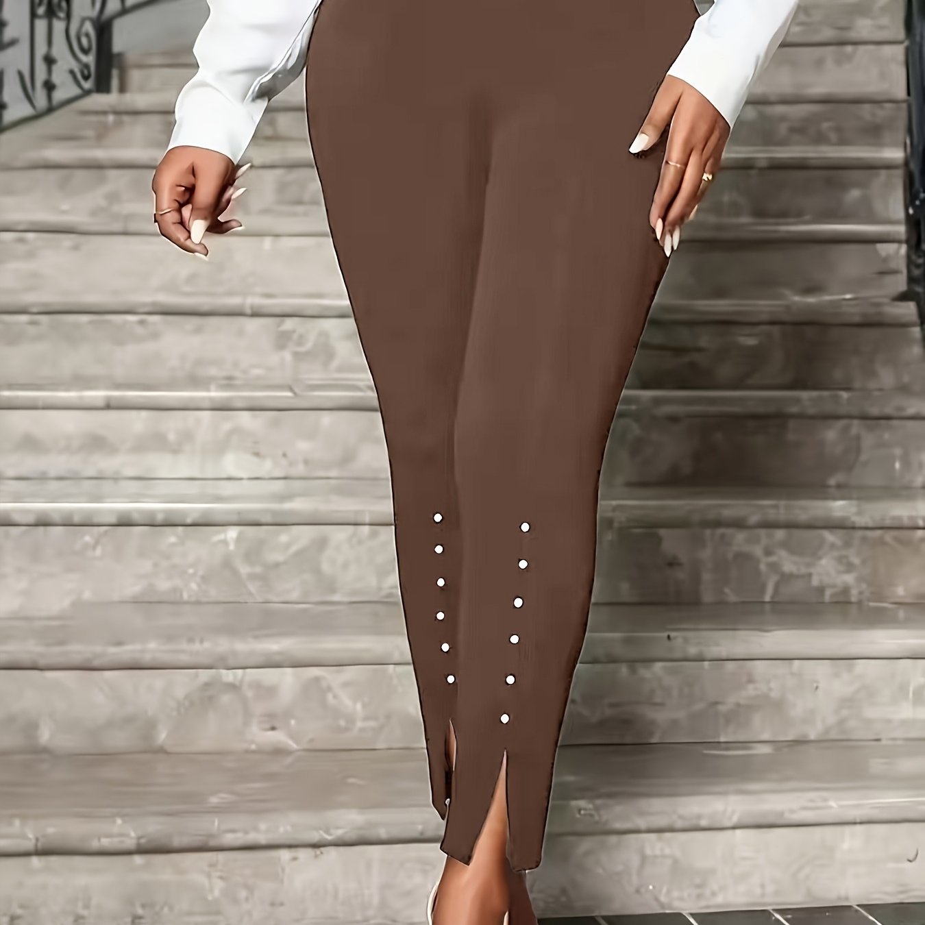 TEMU Women's Elegant Pearl-embellished Front-slit Capri Leggings - Casual Spring, Summer, And Autumn Wear, High-stretch Fabric In Solid Black |