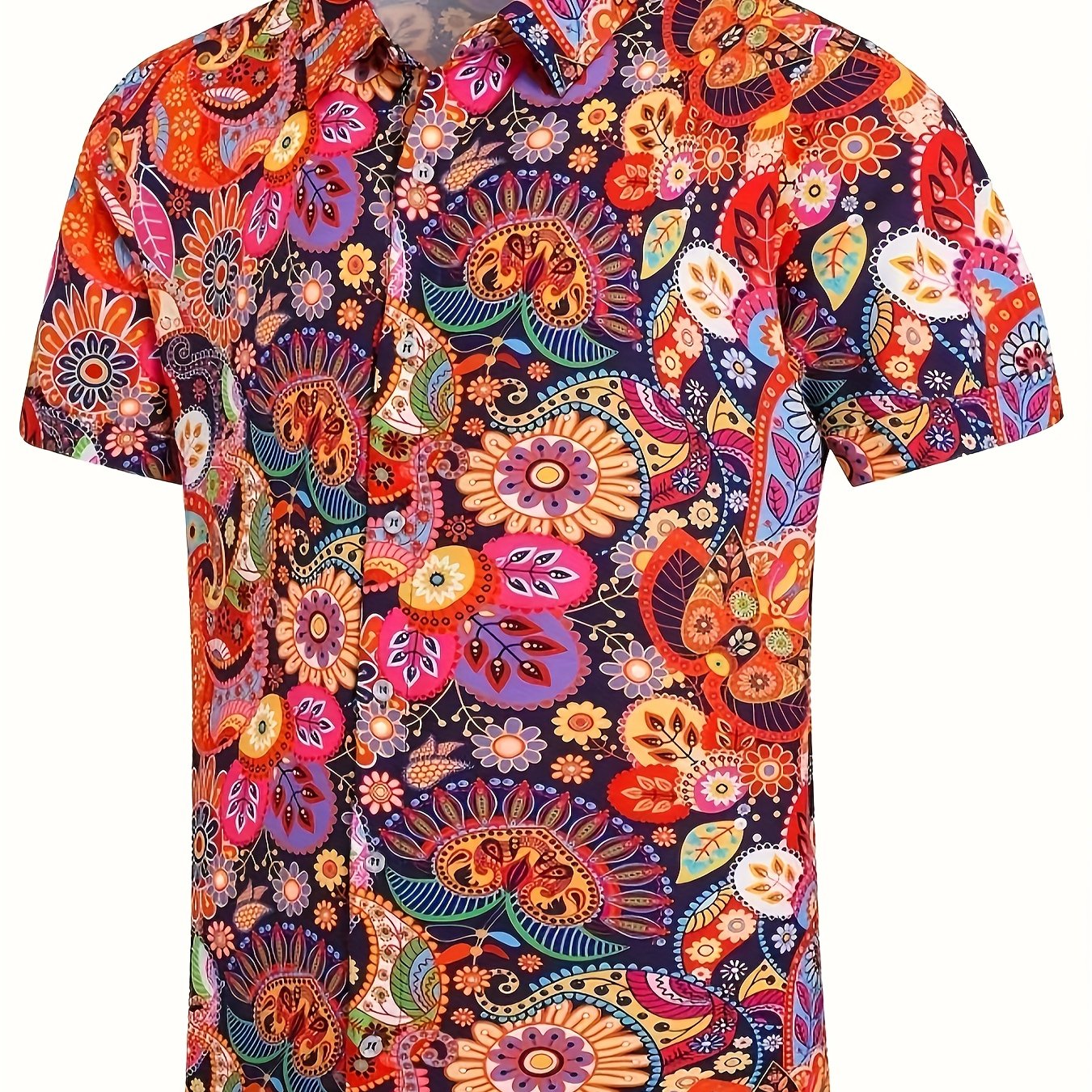 TEMU Men's Hawaiian Print Shirt - 100% Polyester, Short Sleeve, Regular Fit, Casual Lapel Collar, Summer Beach Comfy, Woven Fabric, Stretch, 130gsm -