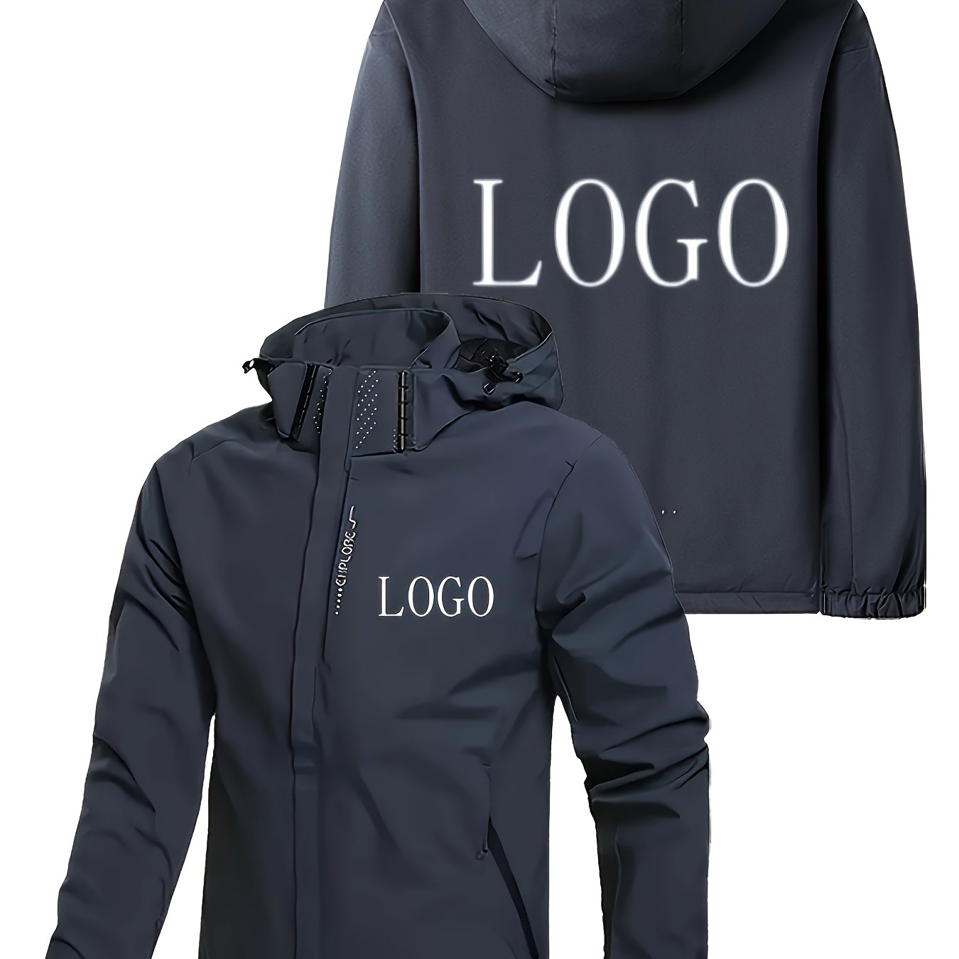 TEMU Men's Custom Logo Hooded Jacket - Motorcycle And Outdoor Coat, With Zipper Pockets, Removable Hood, Regular Casual Jacket For Riding, Hiking,