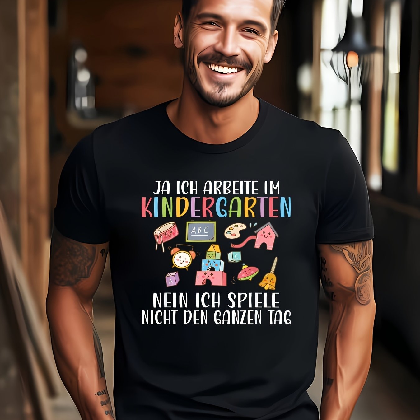 Image of Educator Men Men Kindergarten Teacher Sayings Daycare T-shirt Funny Men's T-shirt, Black Summer Casual Short Sleeve Tee For Men, Plus Size