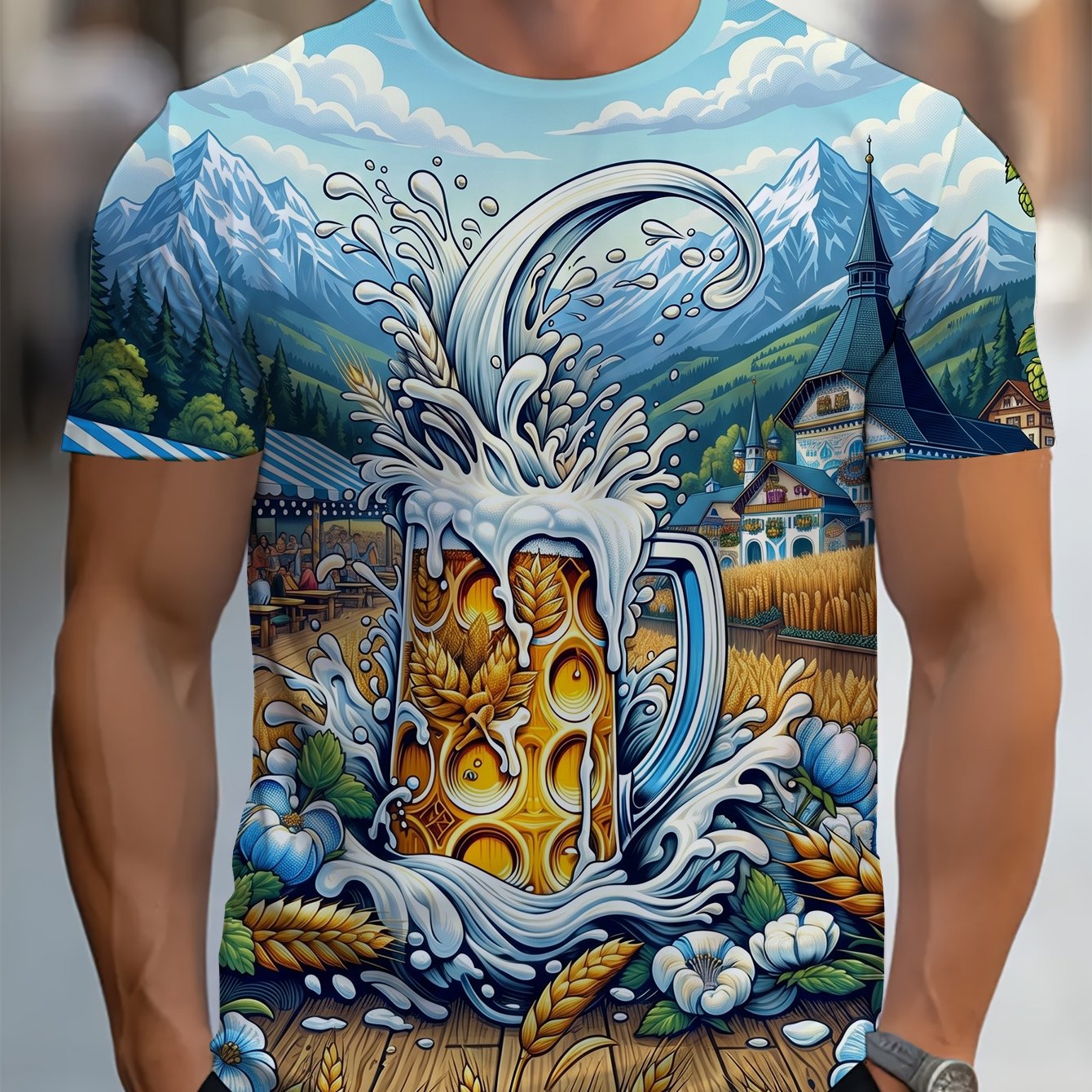 TEMU Men's Beer Mug Splash Pattern 3d Print T-shirt - Casual Short-sleeve Crew Neck Shirt, Suitable For Summer Parties, Beer Festivals, And Everyday