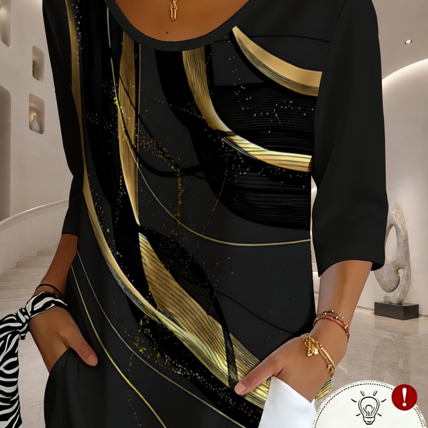TEMU Printed Design â Not Textured New Women'-quarter Sleeve T-shirt With Black And Golden Elegant Diagonal Line Art Print, V-neck, Light , Suitable