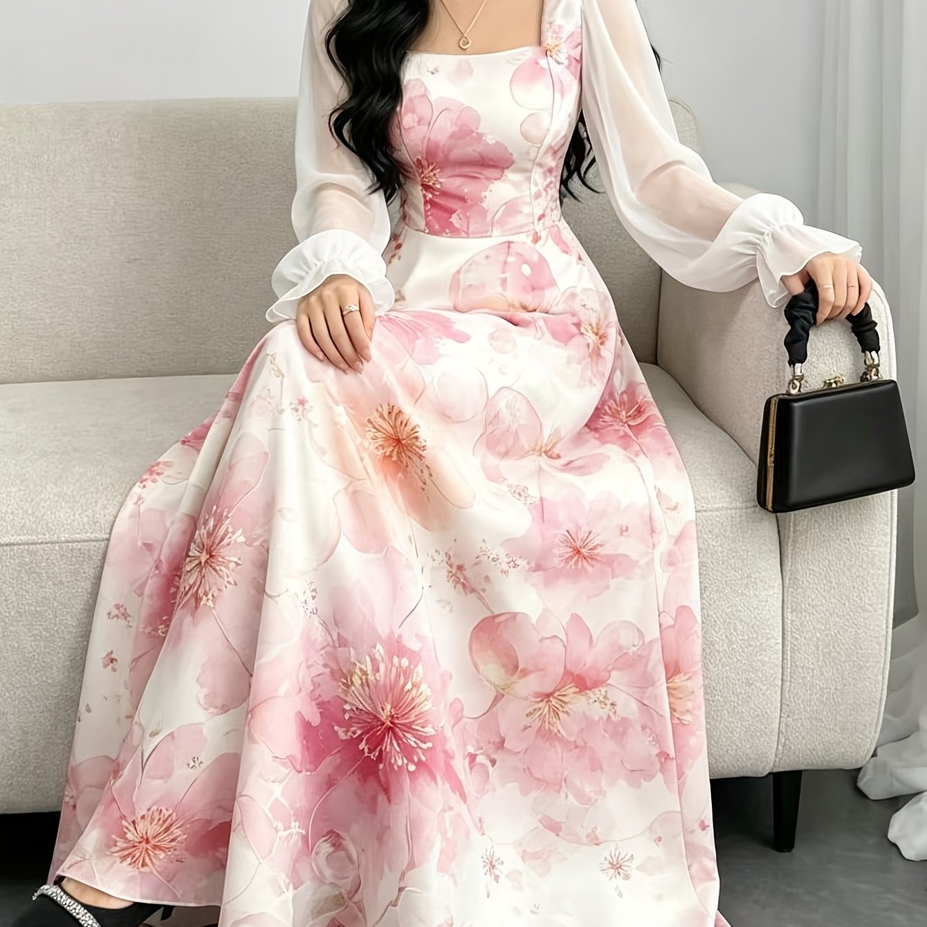 TEMU Elegant Women's Hibiscus Floral Neck Lantern Sleeve Long Dress, Waist-cinching Long Floral Pattern Dress, Suitable For And Daily Wear