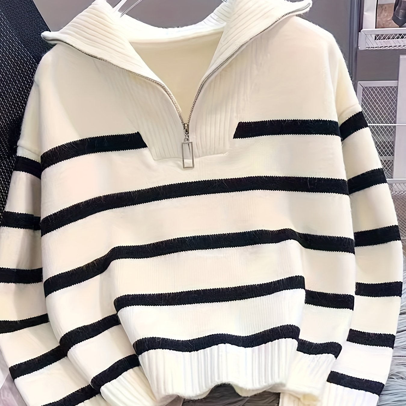 Women's Sweater, Autumn/winter Women's Wear, New Zipper Striped Base Layer Shirt, Loose Lazy Style, Popular High-quality Knitwear