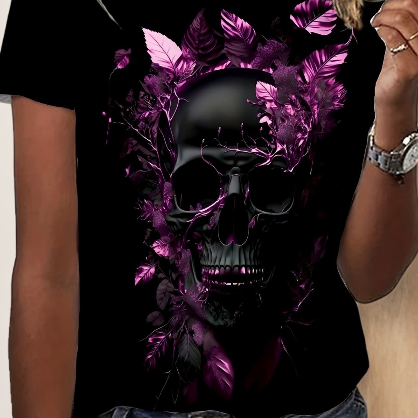 Image of Skull Print Crew Neck T-shirt, Casual Short Sleeve T-shirt For Spring& Summer, Women's Clothing