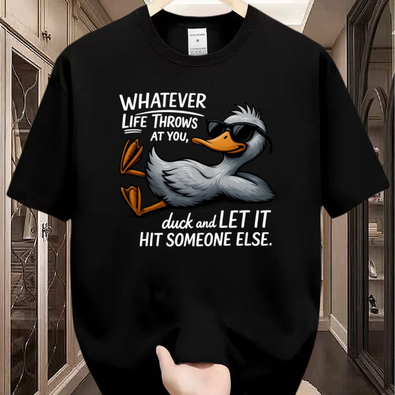TEMU " Throws" Fashion Glasses Duck Funny Meme T-shirt - Humorous Slogan Short Sleeve Round Neck Casual Top With Duck, Machine Washable Suitable For