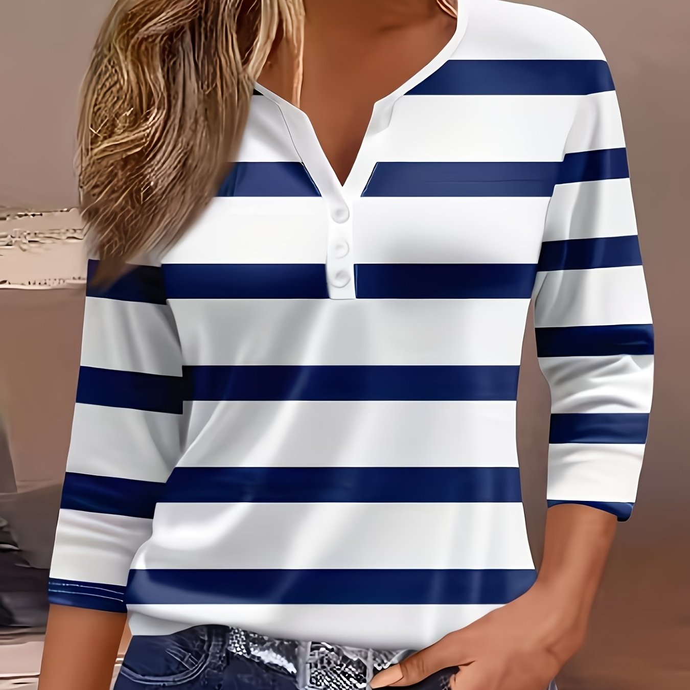 TEMU Haut décontracté de base pour femme, nouvelle mode printemps/été, à rayures, imprimé, col en V, boutonné, manches trois-, coupe ample,