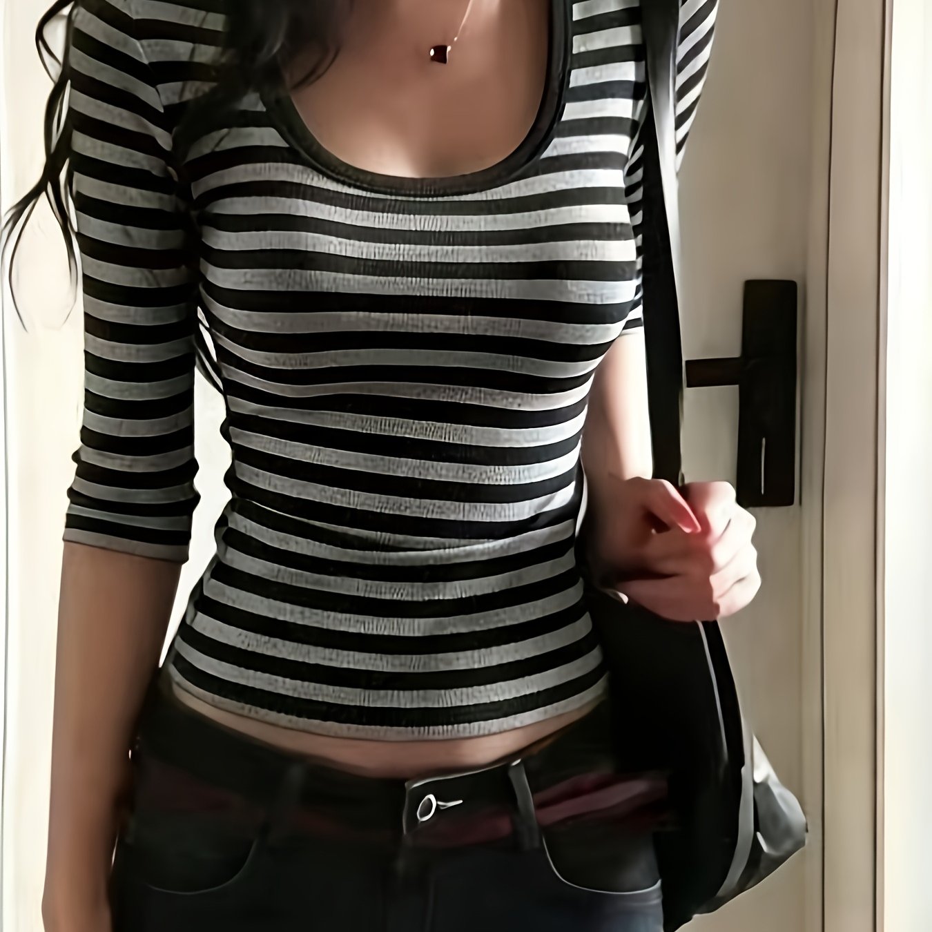 TEMU Y2k Striped U Neck Elbow Sleeve T Shirt Women Slim Fitted Crop Top Basic Casual Bodycon Tee Streetwear