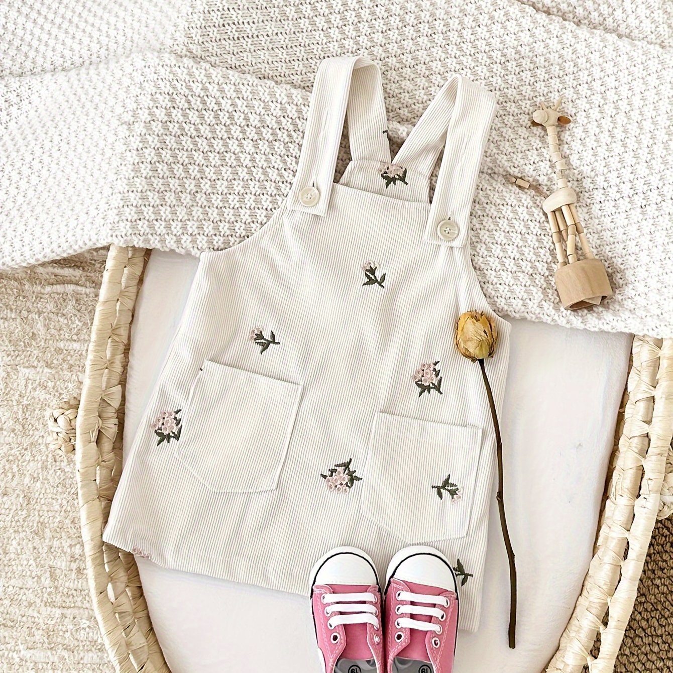 Image of Newborn Girls' Cute Floral Embroidered Strap Casual Dress For Spring And Autumn