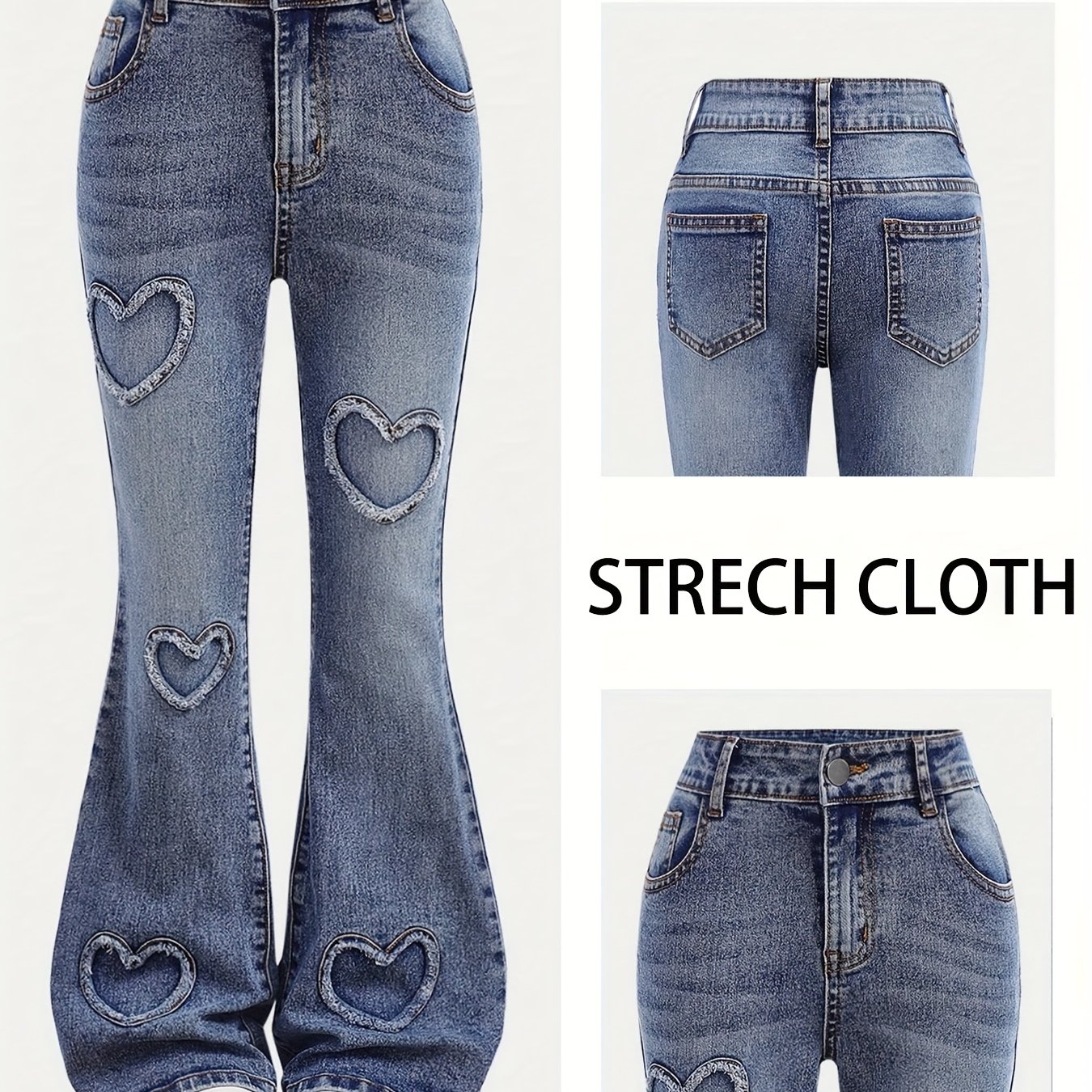 Women's Stretch Individual Distressed Heart Decor Flare Jeans
