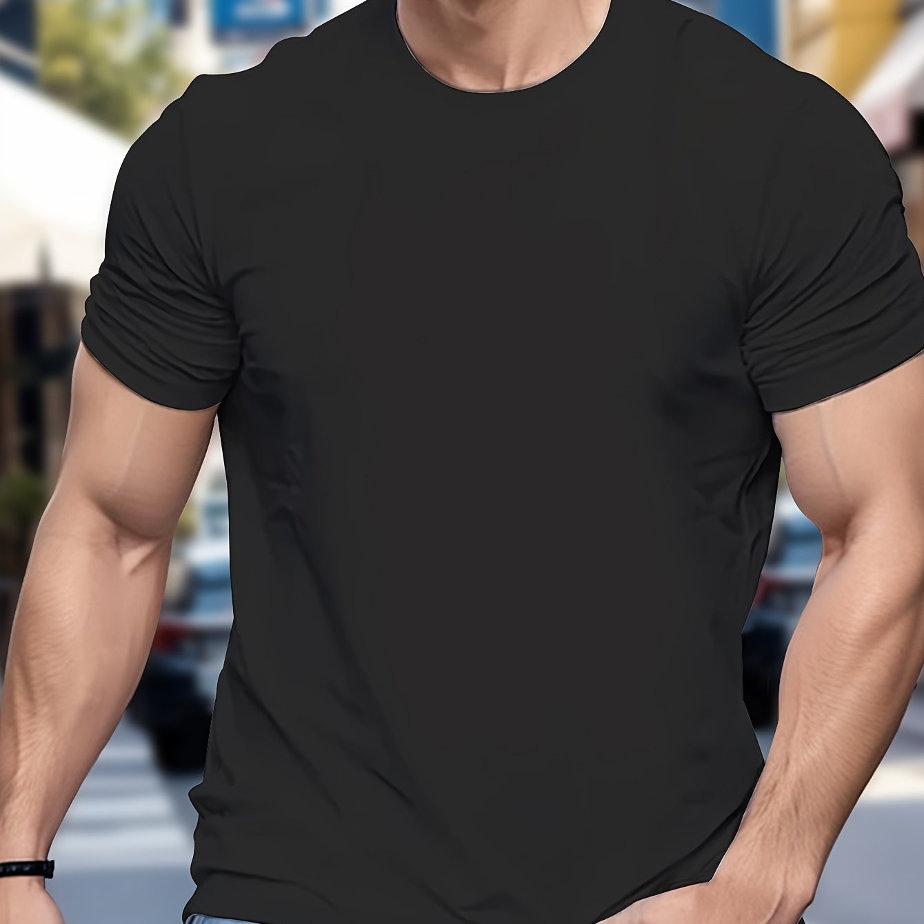 TEMU Men's Solid Stretchable And Comfy Crew Neck And Short Sleeve T-shirt, Casual And Chic Active Sports Tops For Summer Fitness, Gym And Outdoors Wear