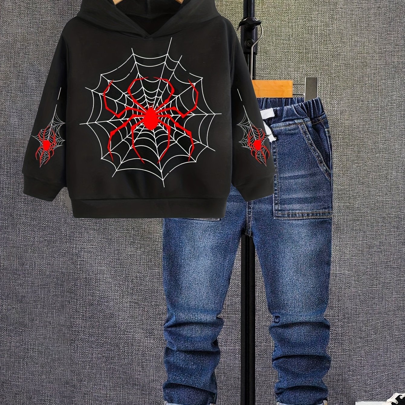 Fashionable Black Long-sleeve Hoodie For Boys With Spider Print, New Autumn Casual Denim Pants Outfit, Two-piece Set, For Outdoor