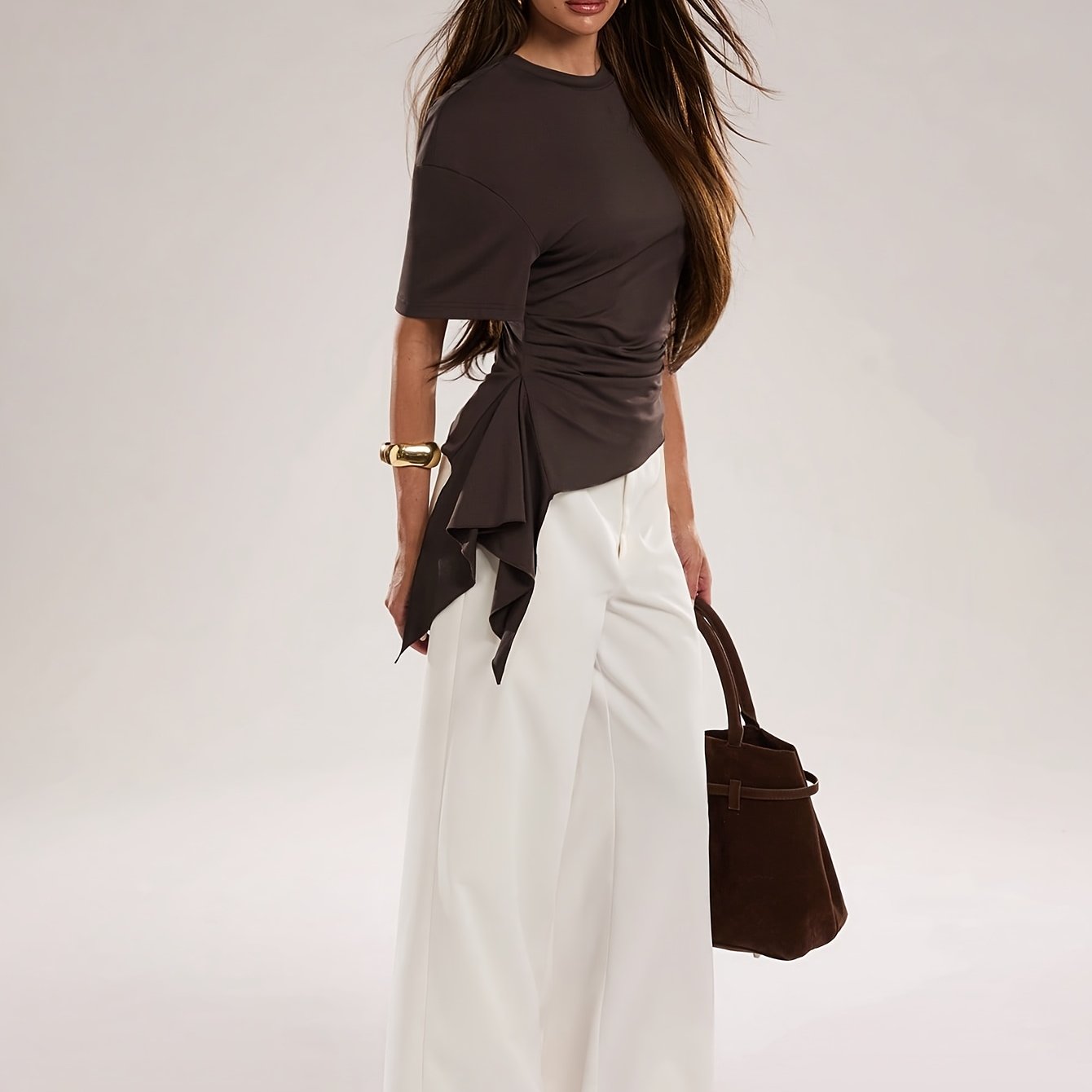 TEMU Women's Round Neck Top With Asymmetrical Hem