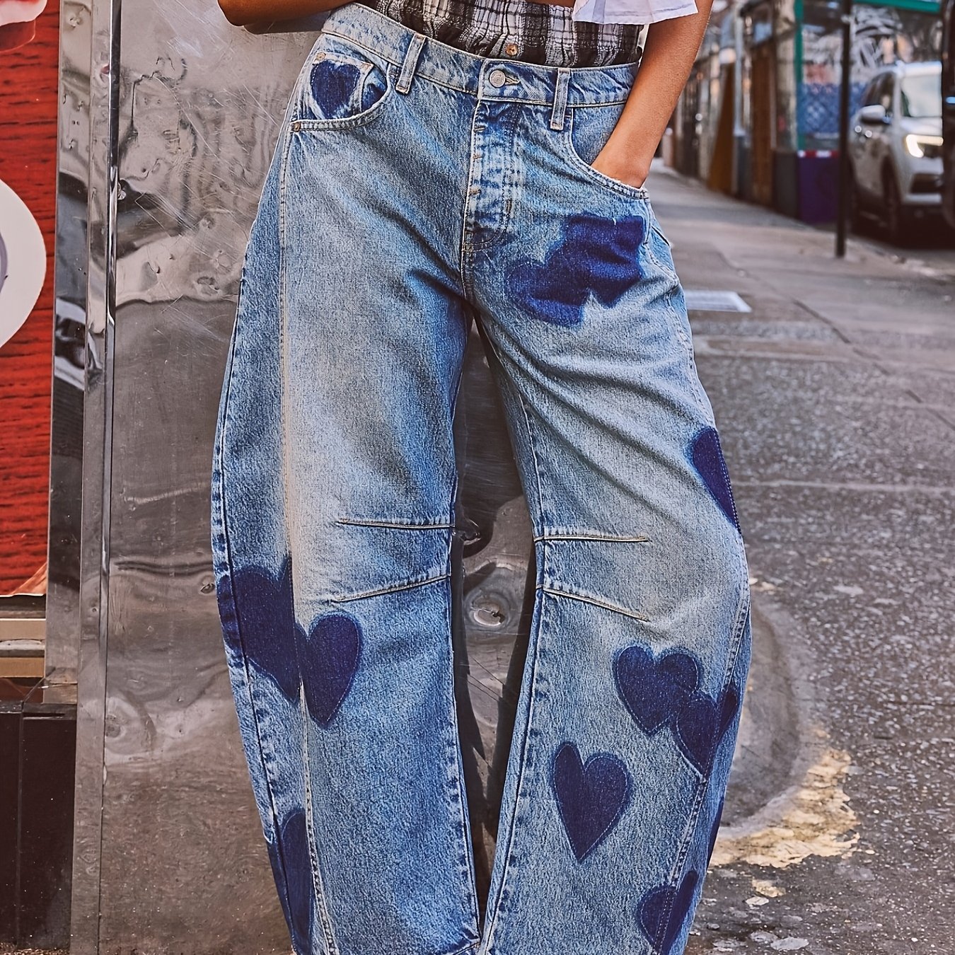 TEMU Women's Fashion Print Design Jeans Vintage Loose Straight Washed Denim Mid Trendy Machine Washable For