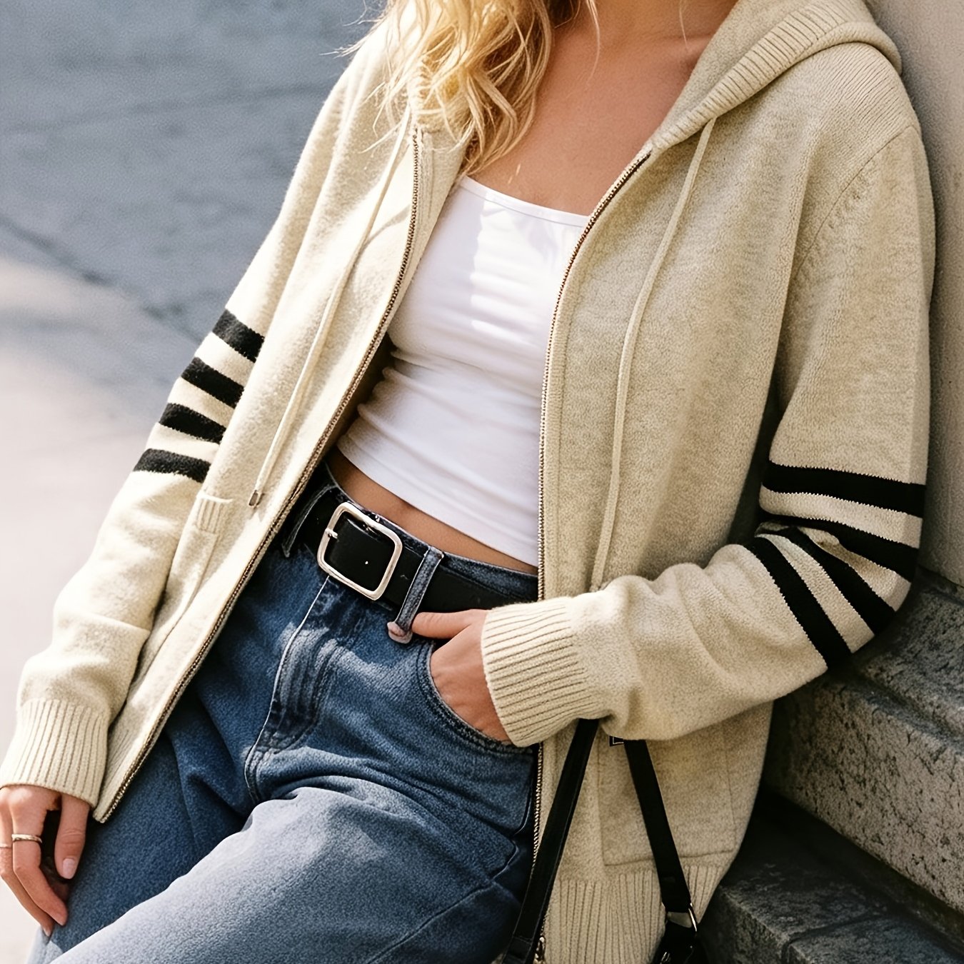 TEMU Women's Cardigan Hooded Zipper Front With Hooded Door Collar & Zipper Closure, Contrast Color Suitable For Fall/winter, Machine Washable Medium