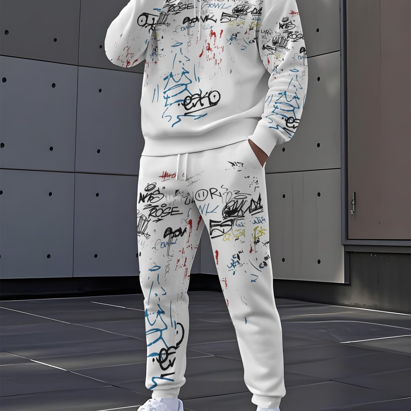 Image of Men's Relaxed Two-piece Outfit Featuring A Hoodie And Sweatpants - With A "happy" Design In Vibrant Colors, Designed For A Regular Fit, Suitable For , Perfect For Casual Occasions