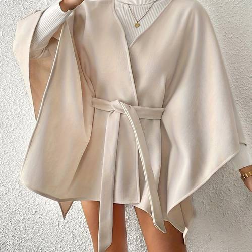 womens beige lace up short cape coat non washable outerwear for autumn winter chic commuting casual outfits winter cape coat semiformal attire elegant design detail