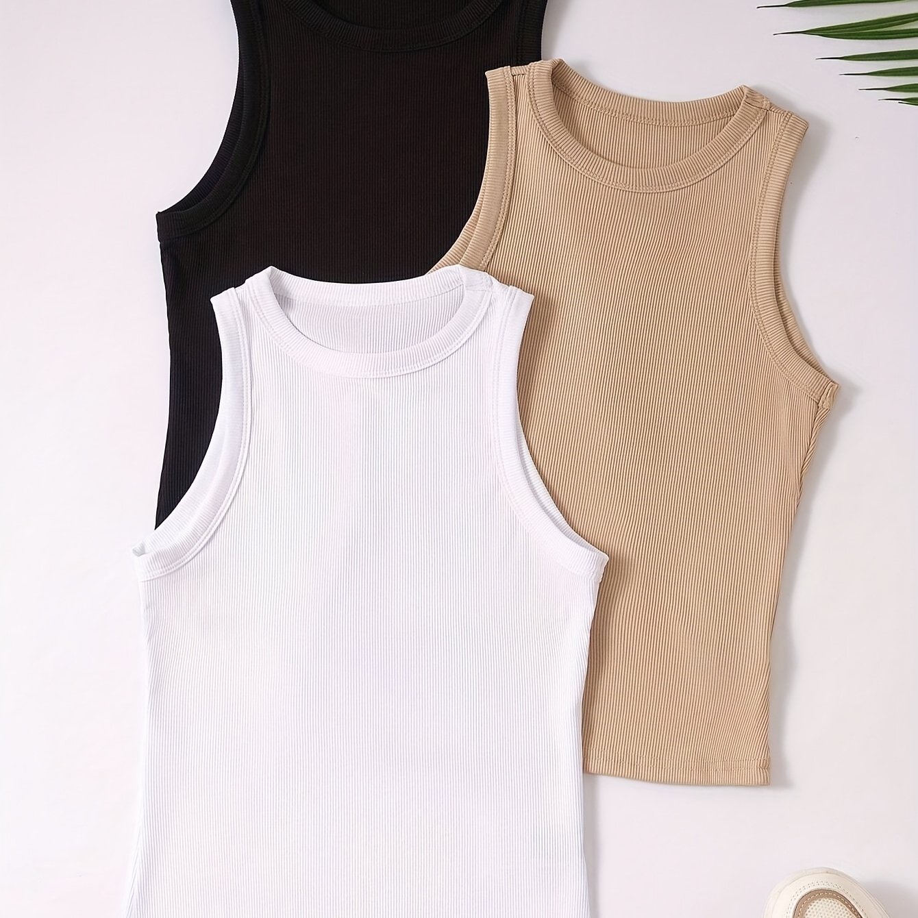 E-shop Damen Sommer 3er-Set Tanktops, Uni-Farben, Ice-Fiber Stoff, Rippstrick Sport-Tops