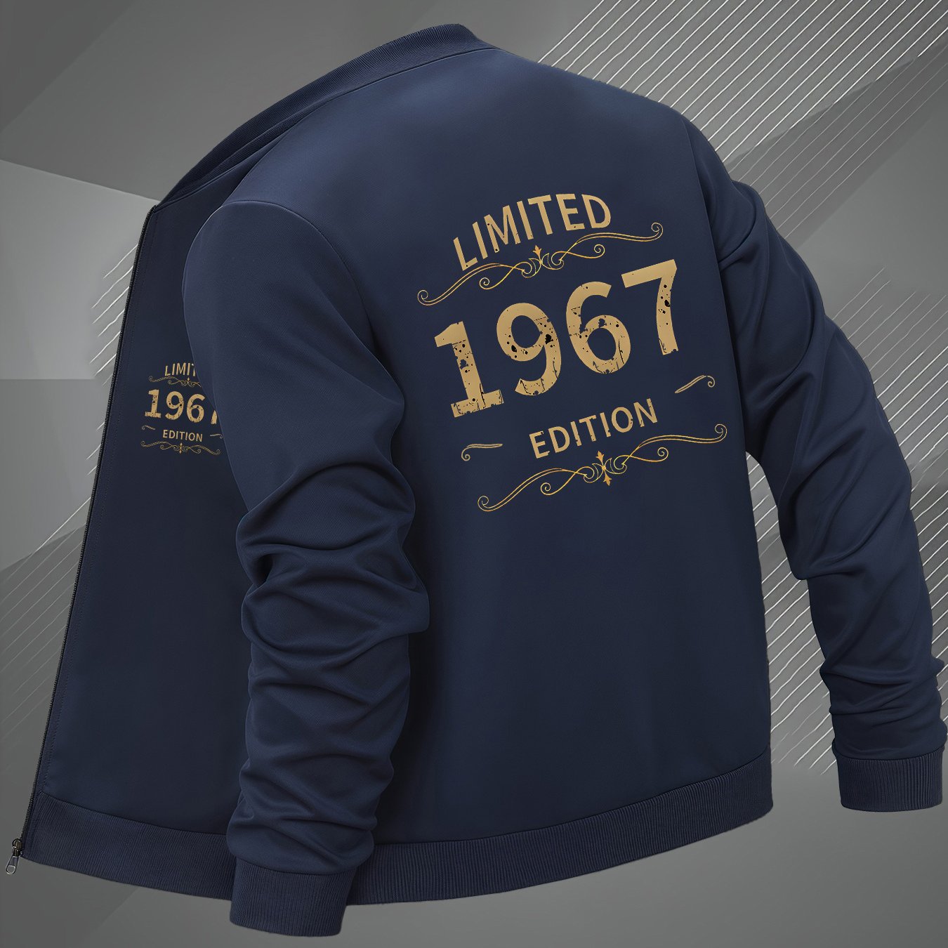TEMU Men's Vintage 1967 Edition Jacket - Navy Blue With , Lightweight Stretchy Polyester/spandex Blend Fitted Zip-up Jacket, Suitable For Casual And