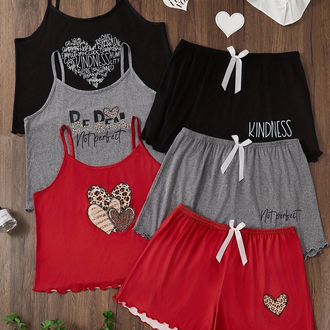 TEMU 3-pack Set Women' Color Letter And Heart Print Camisole Top & Shorts Pajama Set