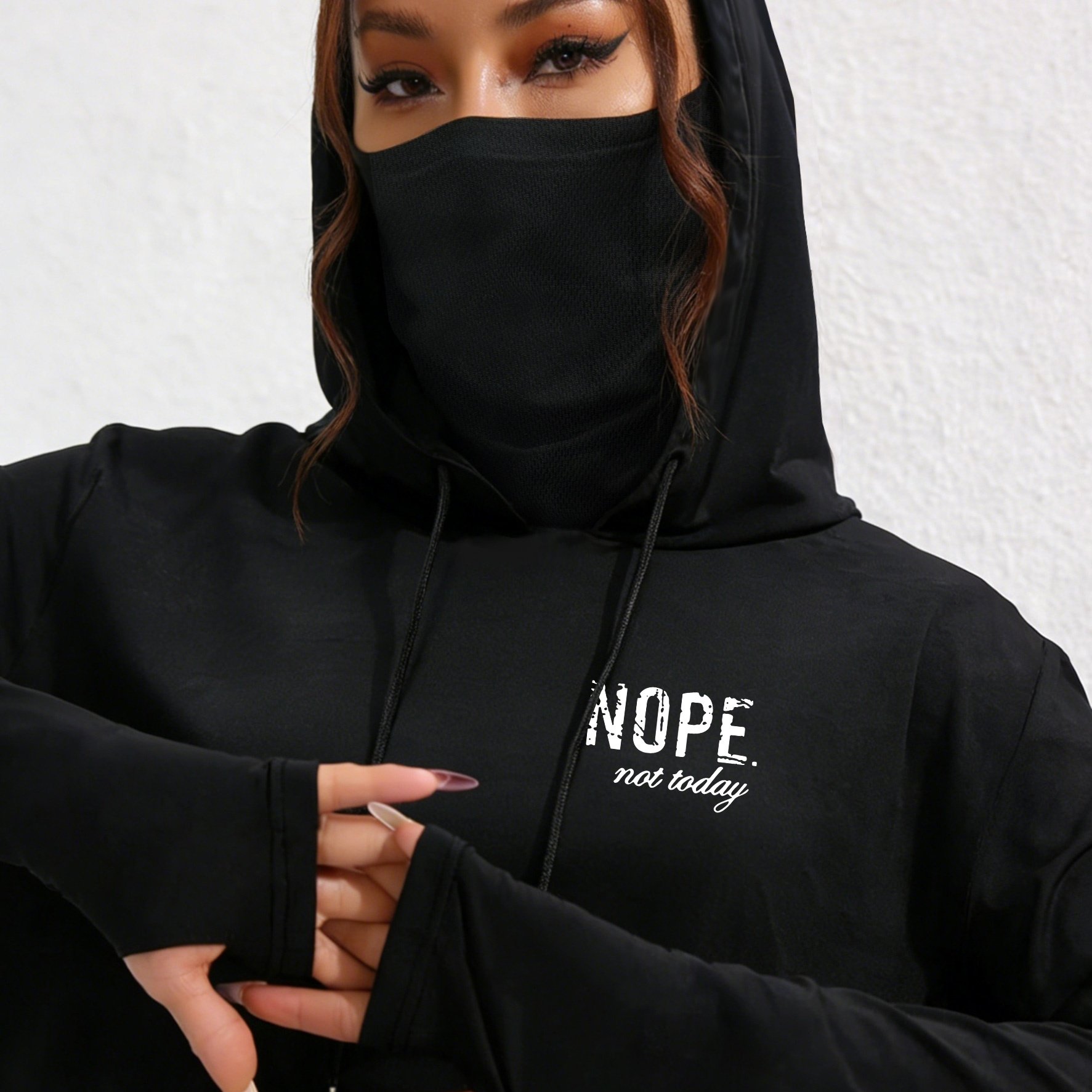 TEMU Ladies' Daily Casual , Face Mask Covered Long Sleeved Versatile Hooded T-shirt With Simple Letter