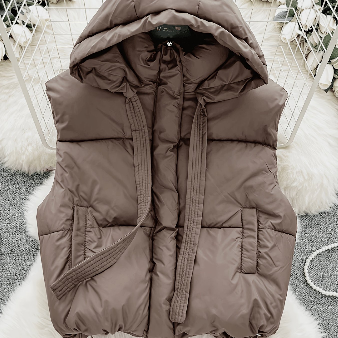 TEMU Women's Fashionable Casual Commuter Versatile Hooded Ribbon Design Thickened Warm Vest Jacket Outerwear "niannian"