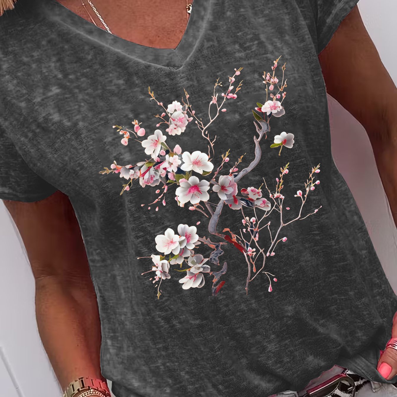 TEMU Elegant Casual Graphic Loose Tee With A Cherry Branch Design And A V-neck, Short Sleeves For Women