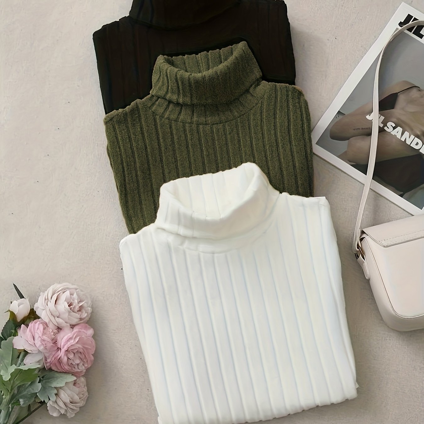 TEMU Ensemble de 3 T-shirts moulants à col montant et manches longues pour femmes, style polyvalent, adapté à un usage , vêtements d'automne pour