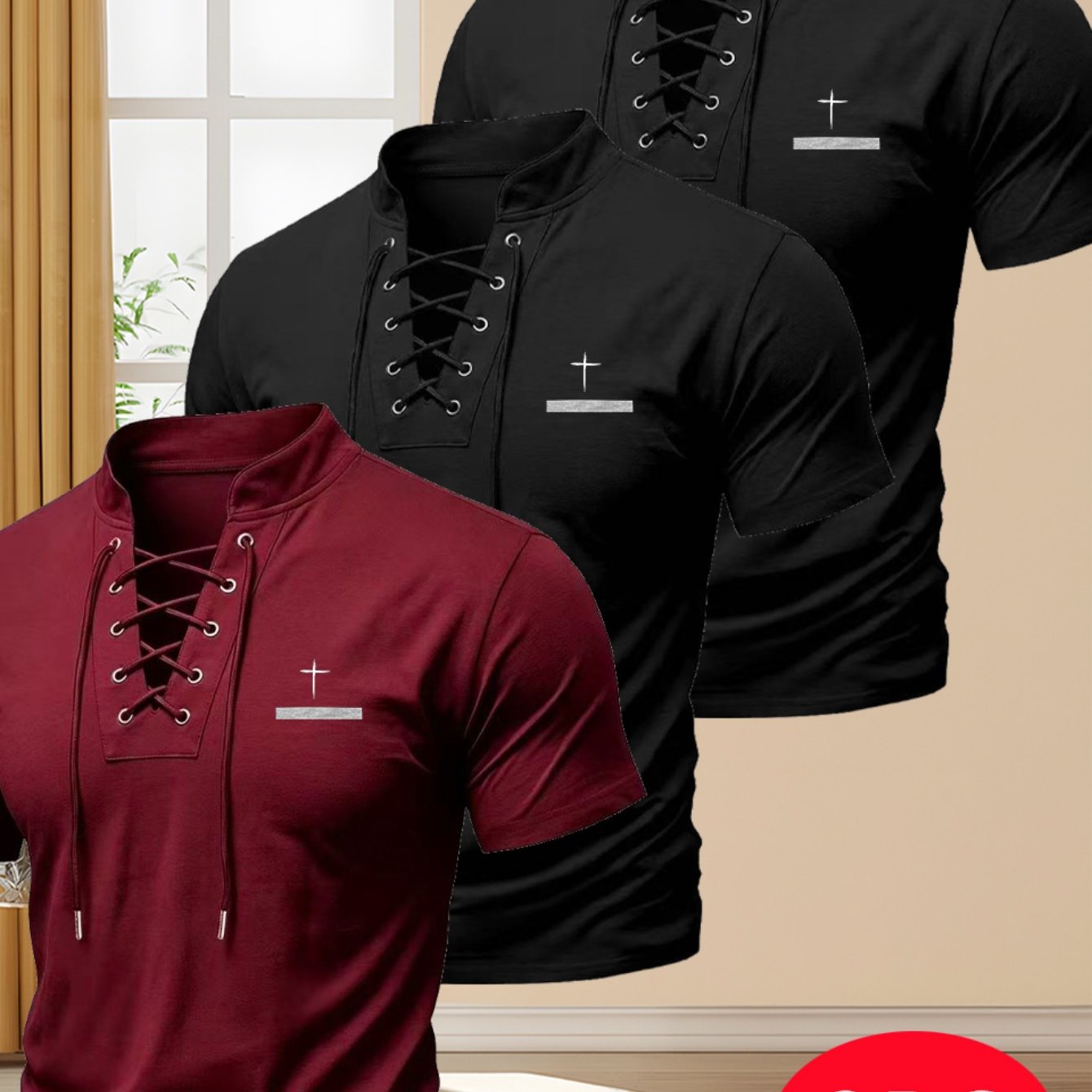 TEMU Men'-pc Summer New Arrival Solid Color Stand Collar Short Sleeve T-shirt, Style With Unique Drawstring Shoulder Straps, Slim Fit Fashionable