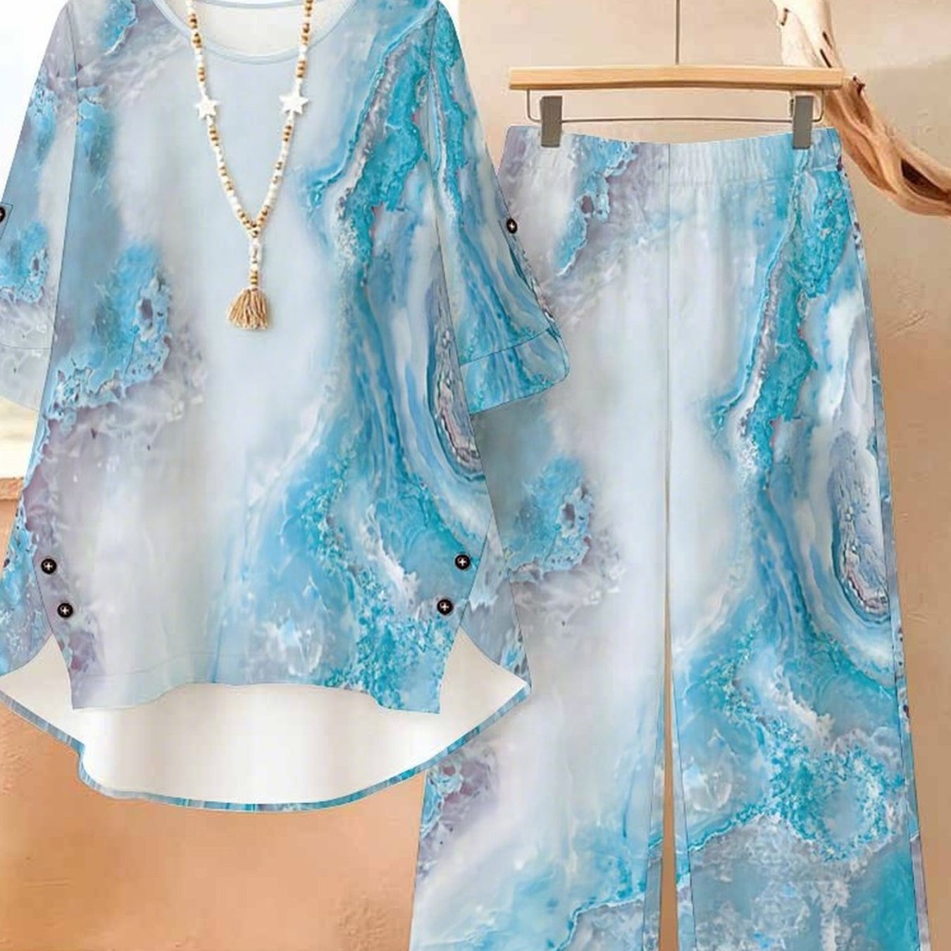 Image of Plus Size, Elegant And Fashionable Women's Casual Set (women's Round-neck Long-sleeved + Long Pants Set), Women's Large-sized Set With Multi-element Prints, Ideal For Daily Life And Travel
