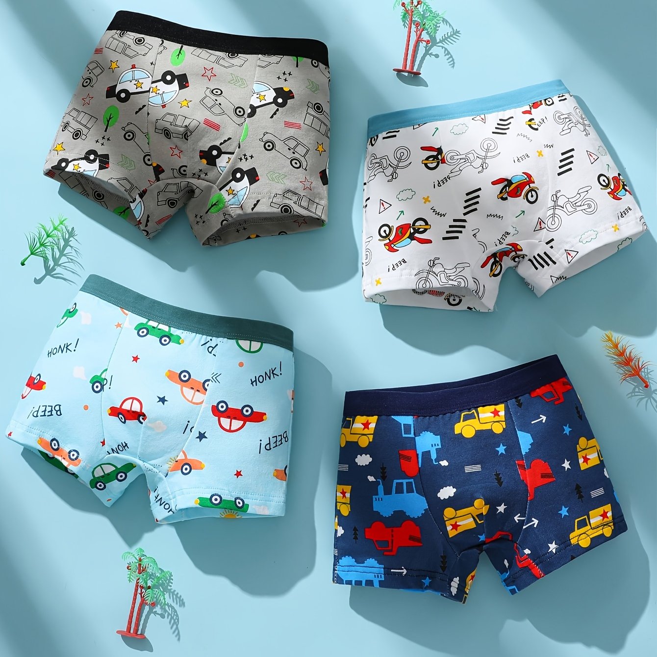 4pcs Boys' Briefs With Cute Car Pattern, Elastic Comfortable Breathable Underwear