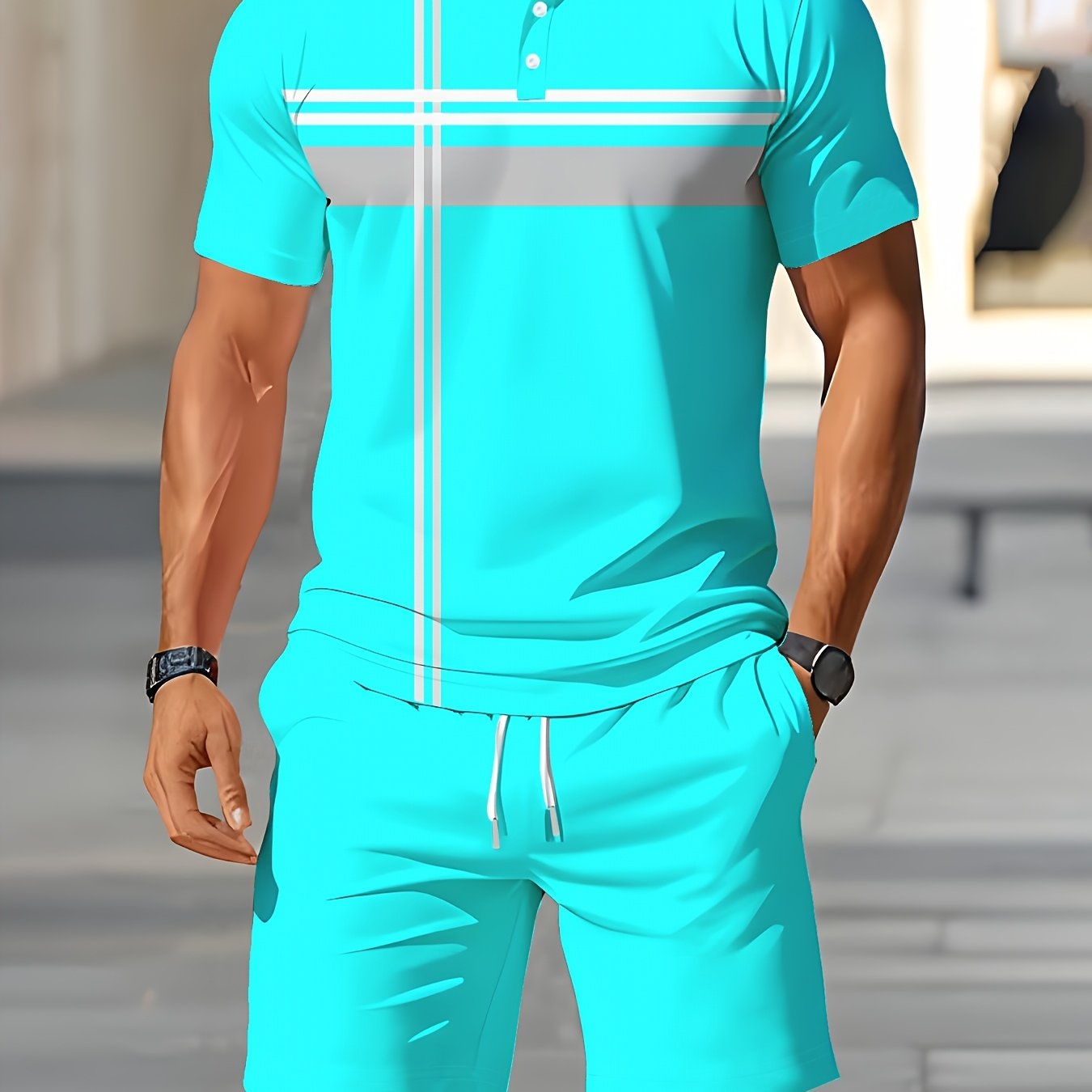 TEMU Men's Short Sleeve Shirt And Shorts Casual Set, Style, Regular Fit, Stretch Fabric