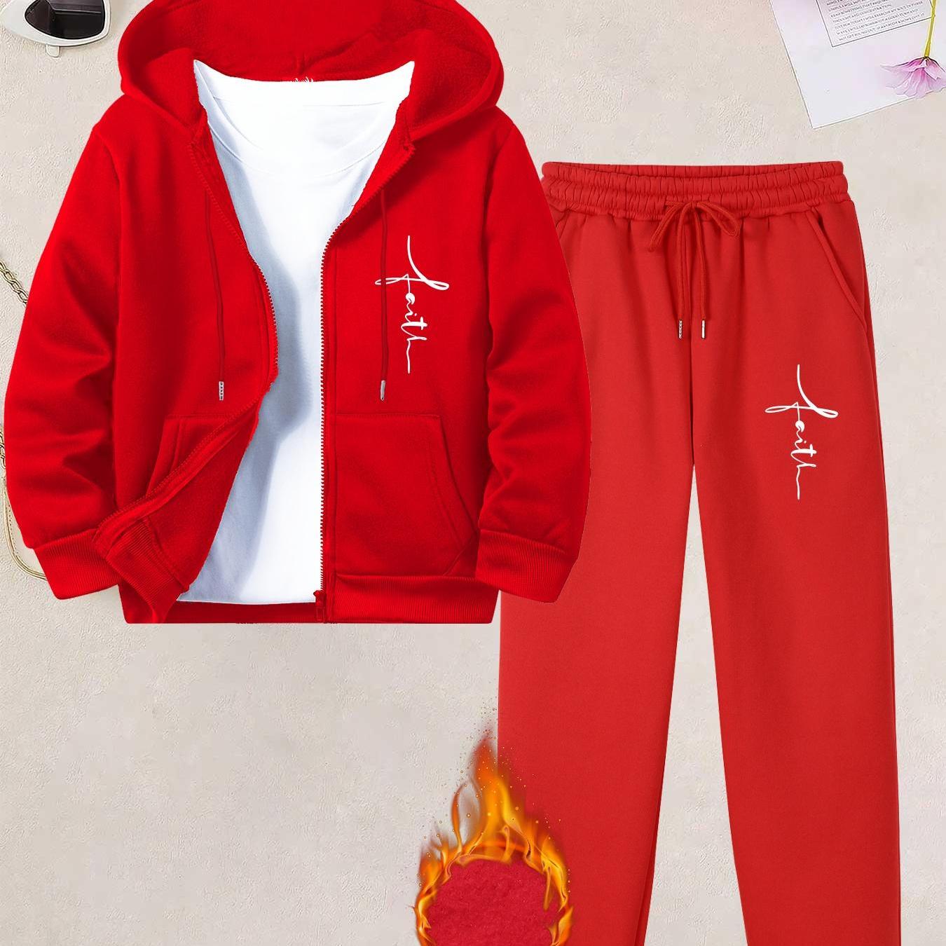 TEMU 2pcs Set Women's Autumn/winter Printed -lined Hoodie With Kangaroo Pocket And Zip-up Front, Natural Simple Outdoor Casual Red Polyester Running