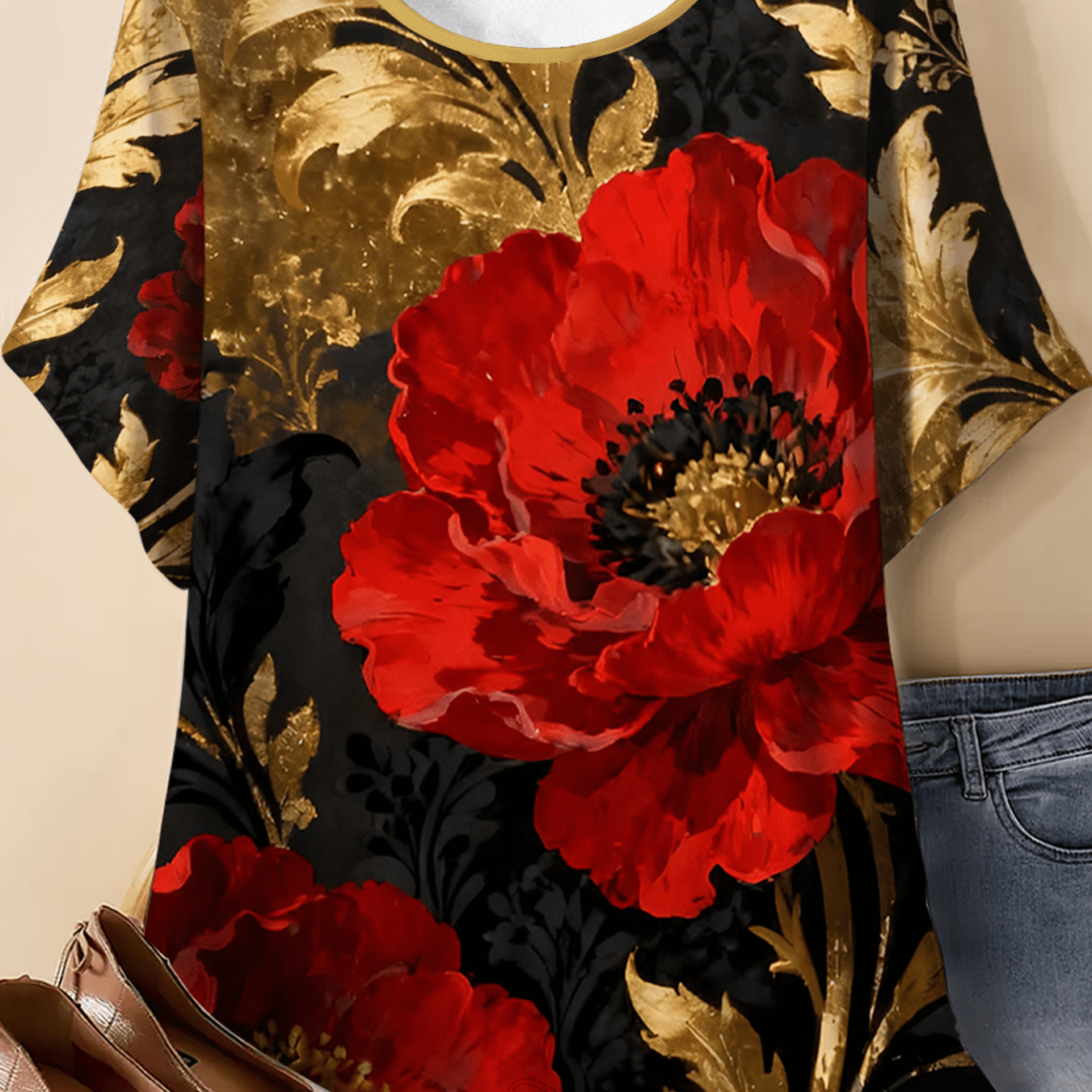 TEMU Black Background Red Poppy Oil Painting Print Short-sleeved Loose Plus Size Round Neck T-shirt Light Luxury Retro Temperament Casual Top Women